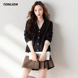 唐狮毛衣外套女2026春季新款V领拼接假两件宽松显瘦短款针织开衫