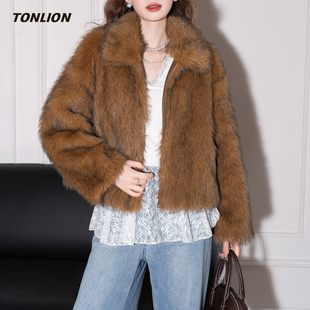 唐狮短款仿皮草外套女2026春季新款通勤翻领宽松显瘦气质保暖上衣