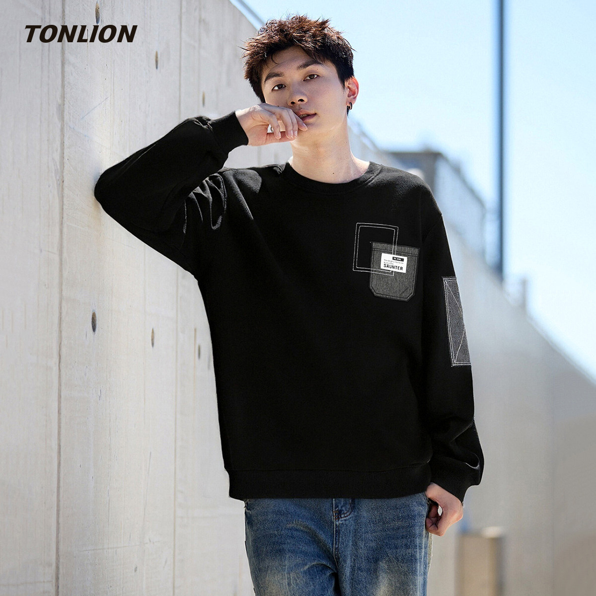 唐狮黑色加绒卫衣男款2025冬季新款撞色拼接宽松圆领套头休闲上衣