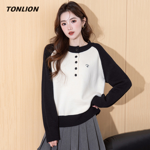 唐狮圆领毛衣女2025冬季新款宽松套头撞色插肩袖内搭可外穿针织衫