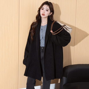 唐狮黑色毛衣外套女款2025秋冬新款宽松慵懒高级感中长款针织开衫