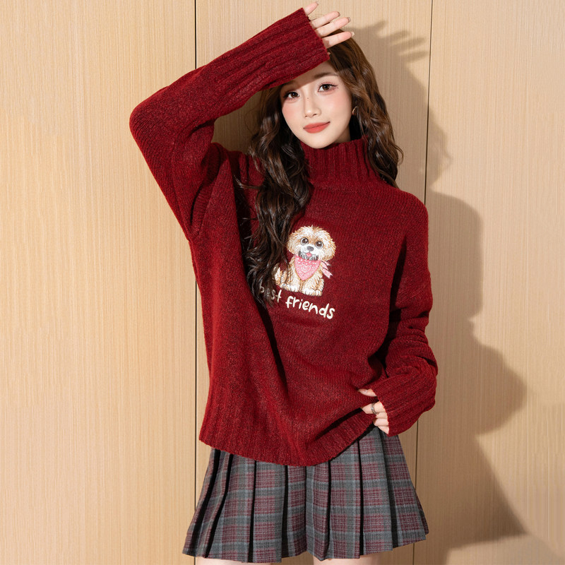 唐狮红色高领毛衣女2025秋冬新款韩系宽松慵懒高级感超好看针织衫