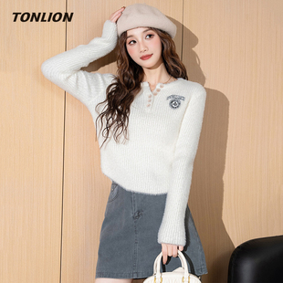 唐狮白色绒感针织衫女2025冬季新款显瘦高级感短款内搭打底衫上衣