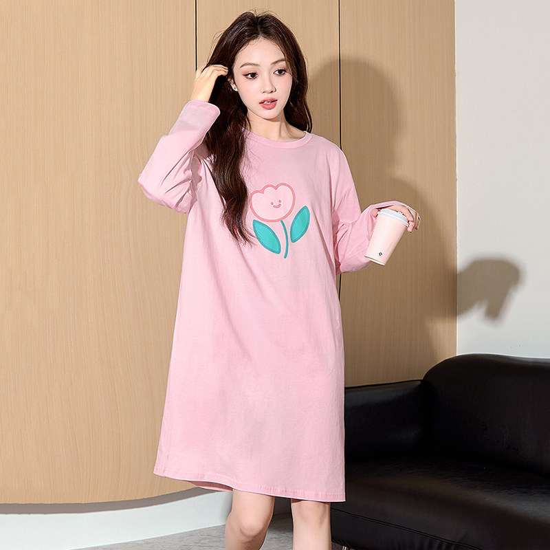 唐狮粉色纯棉睡裙女2025秋季新款宽松公主风可外穿长袖T恤裙睡衣