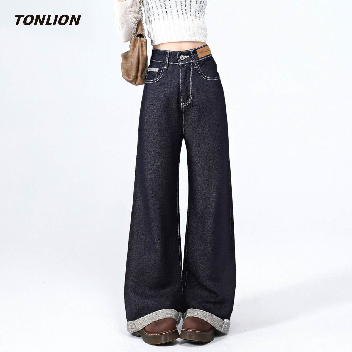 唐狮高腰牛仔裤女款2025秋冬新款宽松慵懒松弛感百搭直筒阔腿裤子