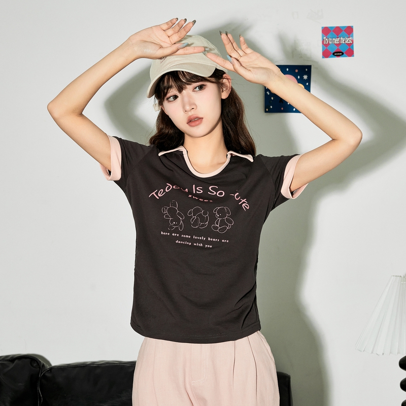 唐狮短袖t恤女2025夏季新款印花修身显瘦小众设计感小个子polo衫