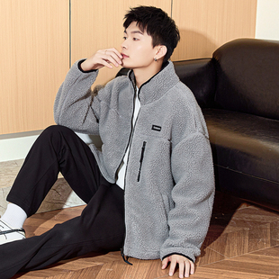 唐狮仿羊羔毛外套男款2025秋冬新款潮牌立领宽松加绒加厚休闲夹克