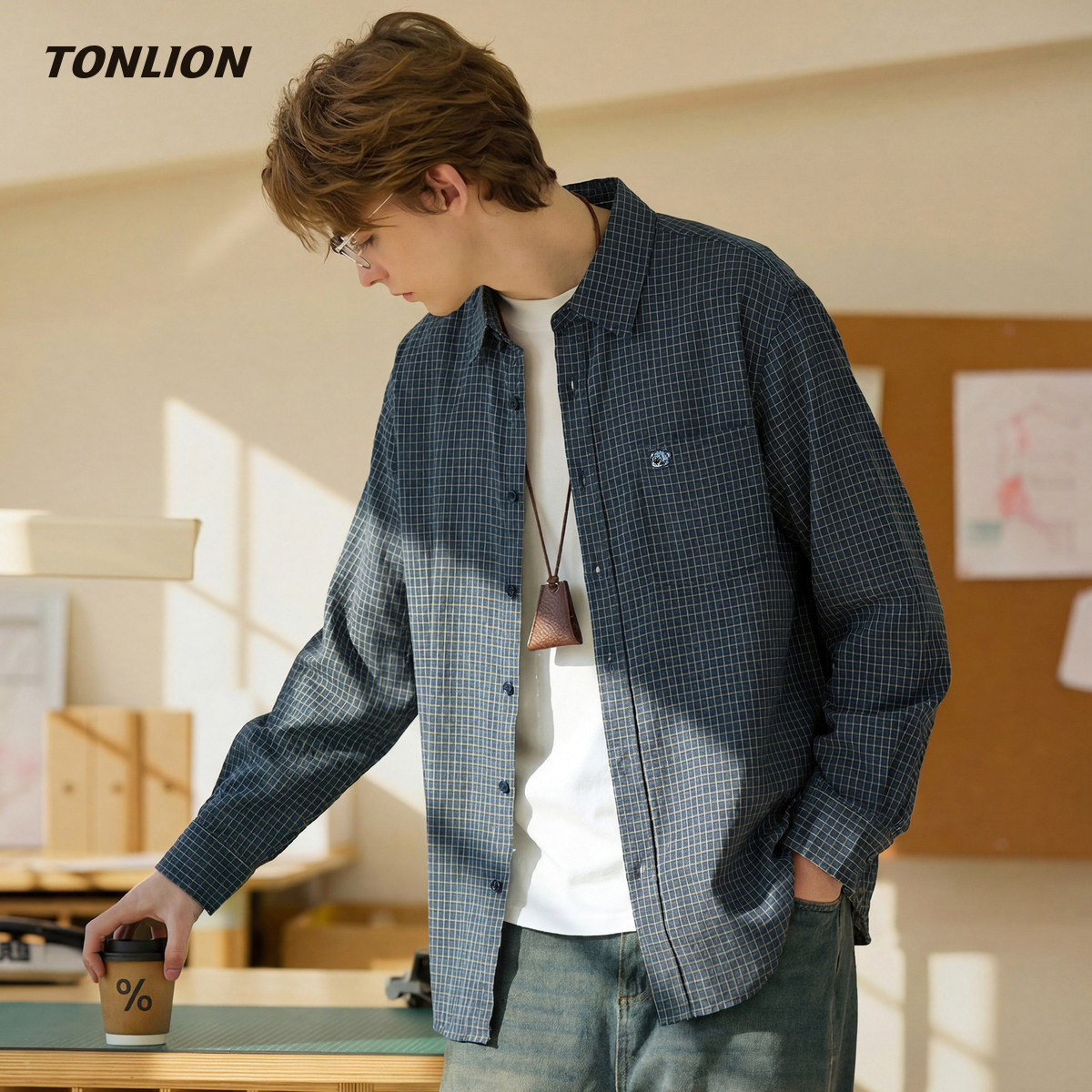 唐狮格子长袖衬衫男2026春季新款时尚翻领宽松高级感痞帅休闲衬衣