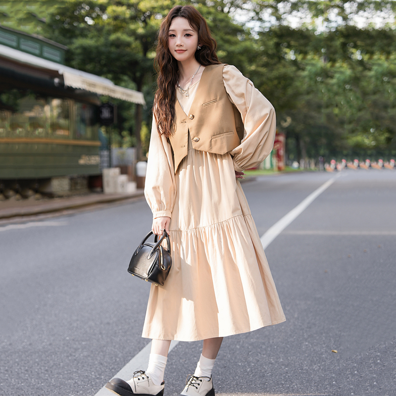唐狮长袖连衣裙女2025秋季新款穿搭一整套西装马甲两件套气质长裙