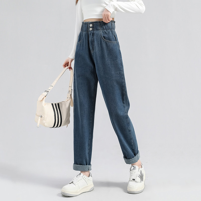 唐狮深蓝色高腰牛仔裤女2025秋季新款宽松显瘦版型超好看的哈伦裤