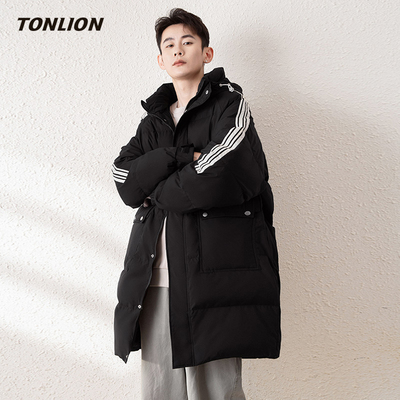 唐狮宽松连帽中长款保暖羽绒服男