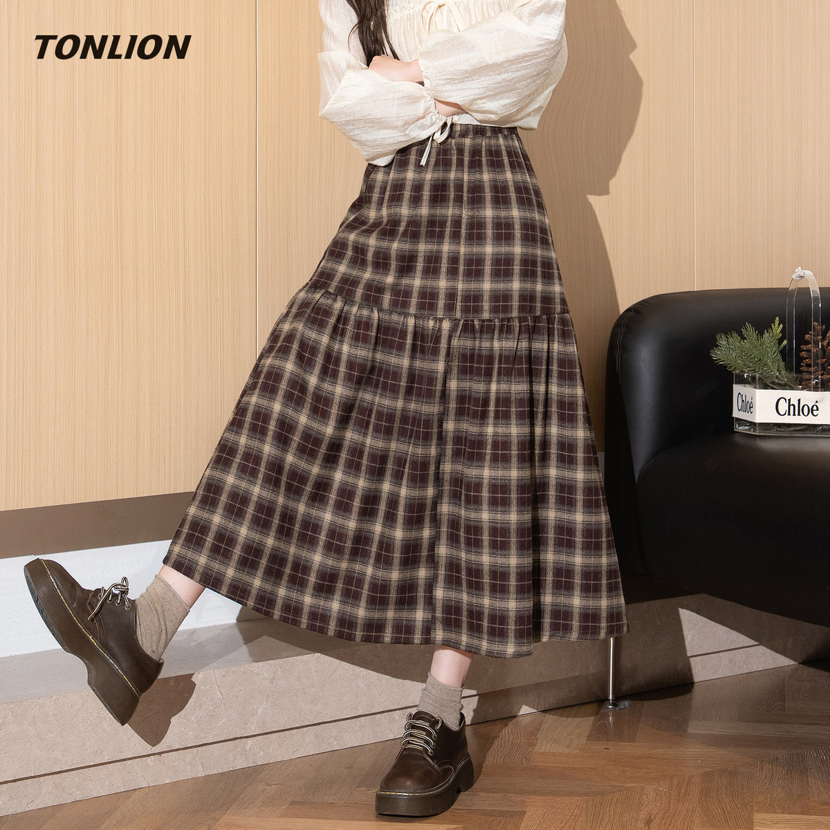 唐狮a字格子半身裙女2025冬季新款高腰显瘦高级感超好看气质长裙