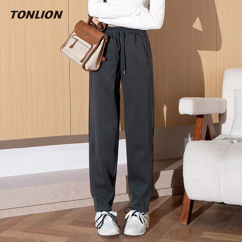 唐狮加绒加厚休闲裤女2025冬季新款束脚卫裤宽松显瘦百搭运动裤子