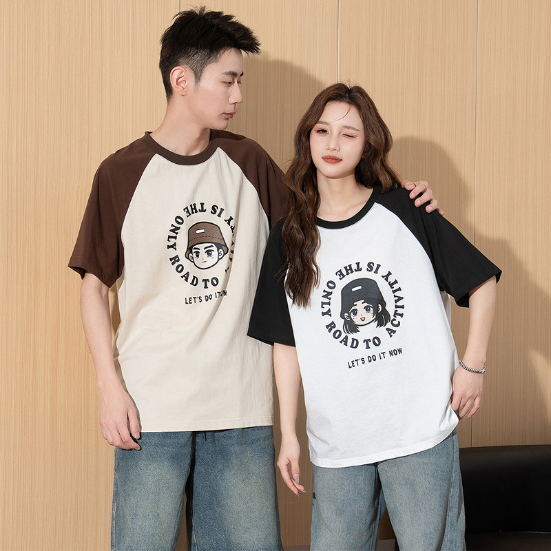 唐狮情侣短袖T恤女2025夏季新款韩版撞色印花宽松显瘦纯棉上衣男