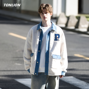 唐狮仿羊羔毛情侣外套男女同款2026春季新款撞色拼接宽松保暖上衣