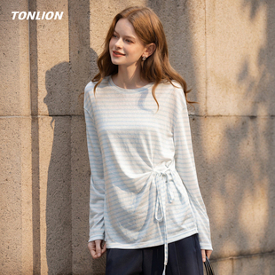 唐狮长袖T恤女2026春季新款韩系绑带设计感宽松圆领条纹针织上衣