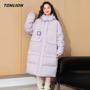 唐狮紫色长款羽绒服女2025冬季新款撞色连帽宽松过膝加厚保暖外套