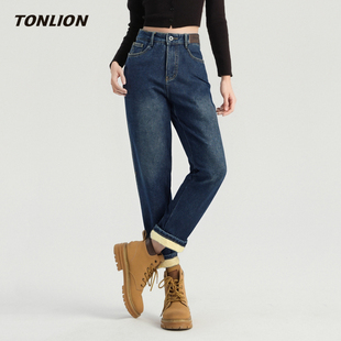 唐狮加绒加厚牛仔裤女2026春季新款小脚裤宽松显瘦高腰锥型哈伦裤