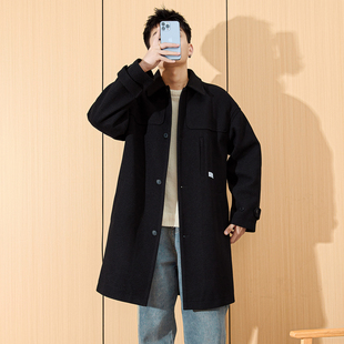 唐狮呢大衣男2024冬季新款韩版宽松中长款男生高级感加厚毛呢外套
