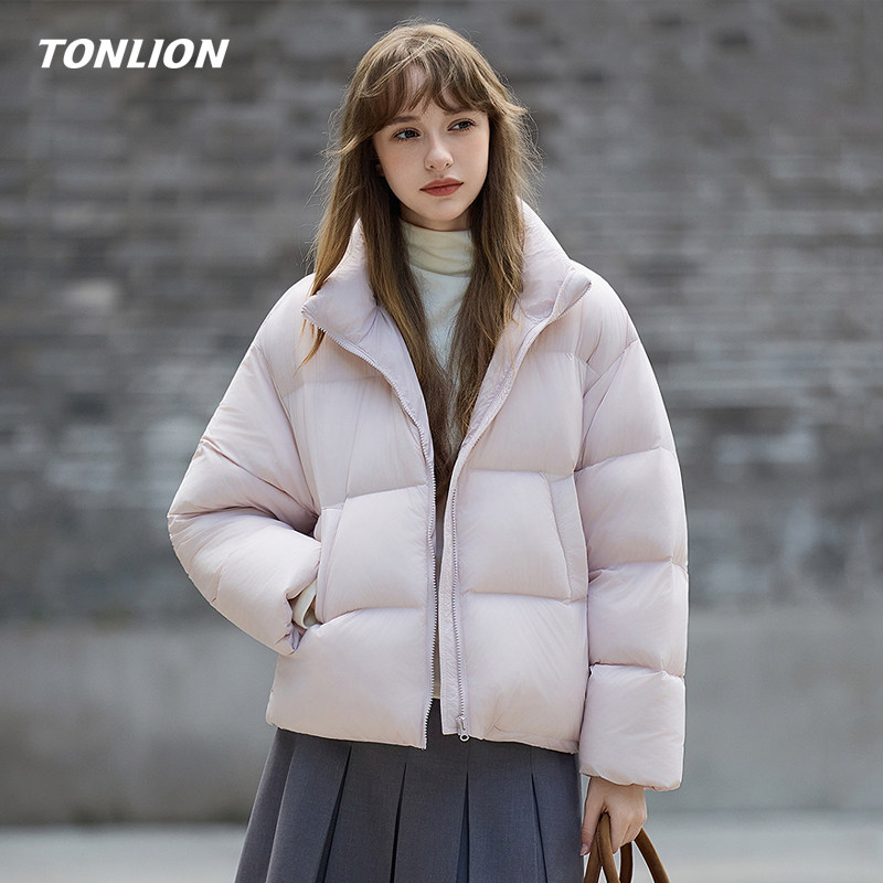 唐狮粉色短款羽绒服女2025冬季新款立领宽松小个子加厚保暖面包服