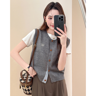 唐狮宽松无袖外穿针织马甲背心女