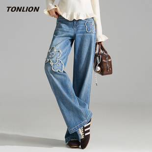 唐狮今年流行爆款牛仔裤女2026春季新款花朵流苏设计感宽松阔腿裤