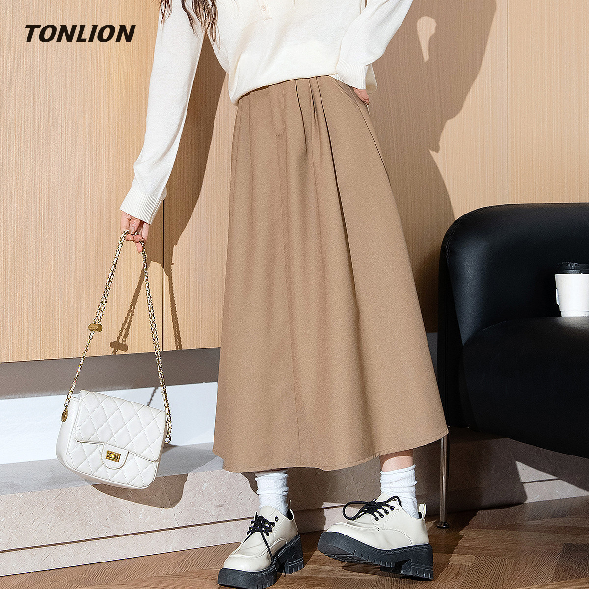 唐狮卡其色半身裙女2026春季新款高腰显瘦中长款小个子百搭a字裙