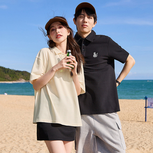唐狮情侣装短袖polo衫男2025夏季新款潮牌宽松翻领休闲半袖t恤女