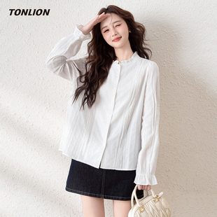 唐狮白色长袖衬衫女2026春季新款木耳边设计感宽松显瘦花瓣袖衬衣