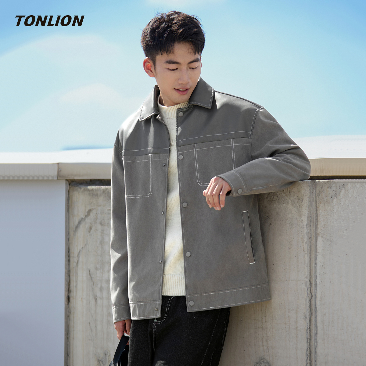 唐狮时尚撞色拼接宽松长袖衬衫男