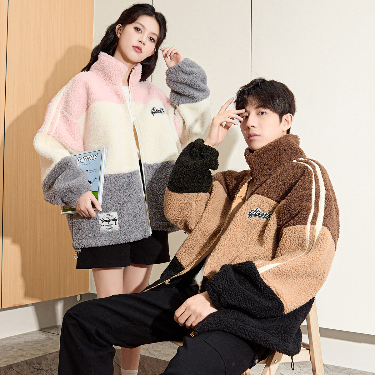 唐狮情侣装宽松加厚仿羊羔绒外套