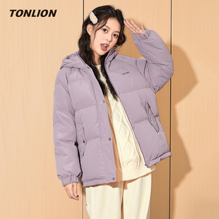 唐狮紫色短款羽绒服女2025冬装新款韩版宽松连帽加厚保暖超火外套