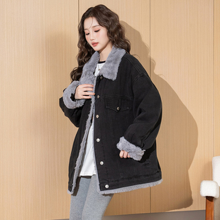 唐狮加绒加厚牛仔外套女2025冬季新款撞色拼接宽松短款小个子上衣