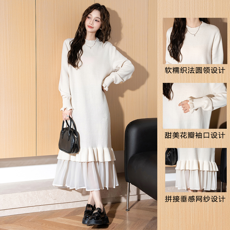 唐狮网纱拼接宽松长款针织连衣裙