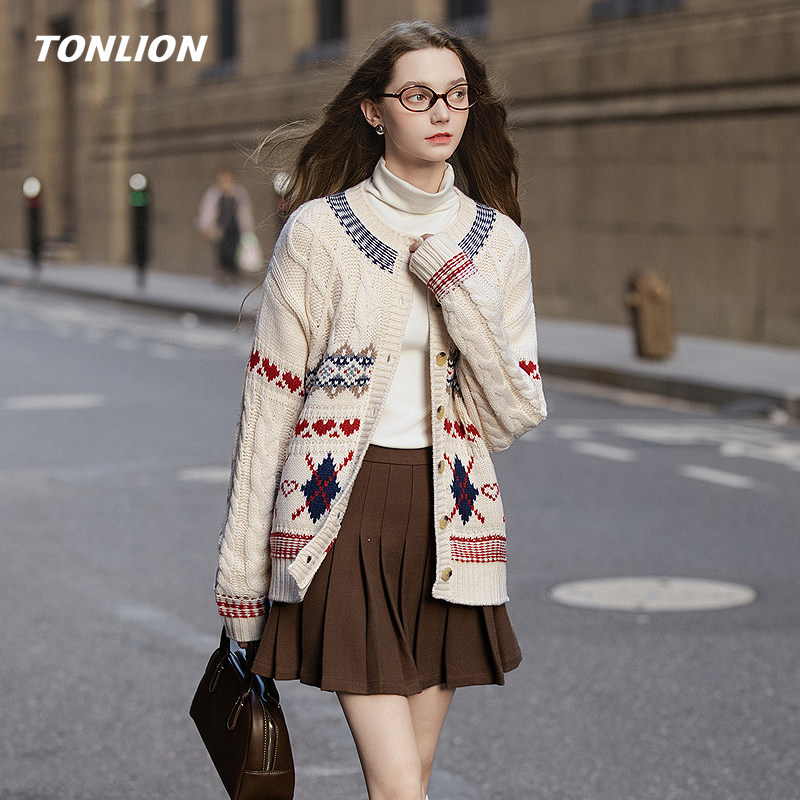 唐狮费尔岛毛衣外套女2026春季新款复古提花宽松圆领长袖针织开衫,女装/女士精品,毛衣,淘宝优惠券,粉丝福利购,淘宝优惠卷