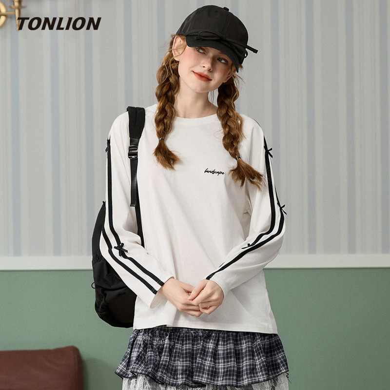 唐狮白色长袖T恤女2026春季新款蝴蝶结设计感宽松圆领小个子上衣