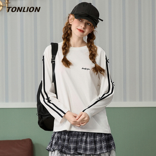 唐狮白色长袖T恤女2026春季新款蝴蝶结设计感宽松圆领小个子上衣