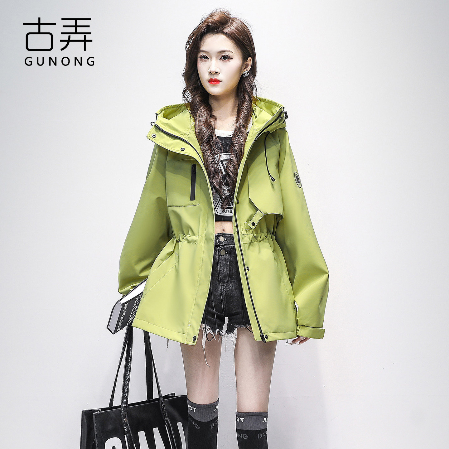 女士收腰连帽中长款户外风衣外套图片