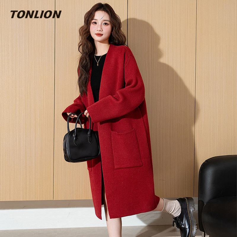 唐狮红色毛衣外套女2025秋冬新款简约V领宽松显瘦中长款针织开衫