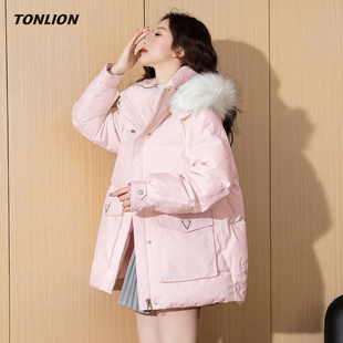 唐狮一手长羽绒服女款2025冬季新款宽松连帽毛领派克服保暖厚外套