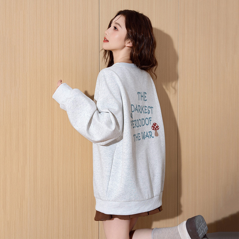 唐狮灰色卫衣女2025秋季新款韩版字母印花宽松圆领慵懒风套头上衣