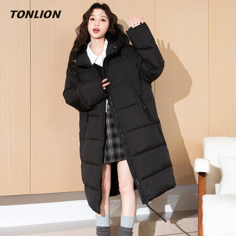 唐狮黑色过膝长款羽绒服女2025冬季新款韩版宽松连帽面包服厚外套
