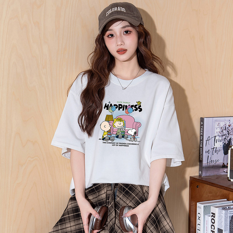 唐狮纯棉短袖T恤女2025夏季新款印花宽松圆领韩系慵懒松弛感上衣