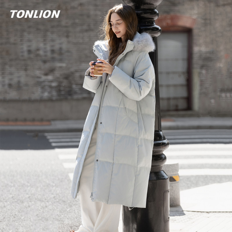 唐狮大毛领羽绒服女2025冬季新款宽松连帽长款过膝高级感加厚外套