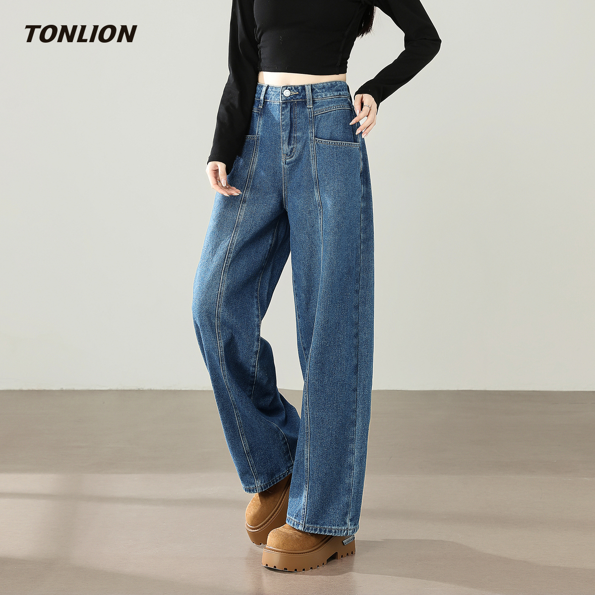 唐狮宽松设计感高腰阔腿牛仔裤女