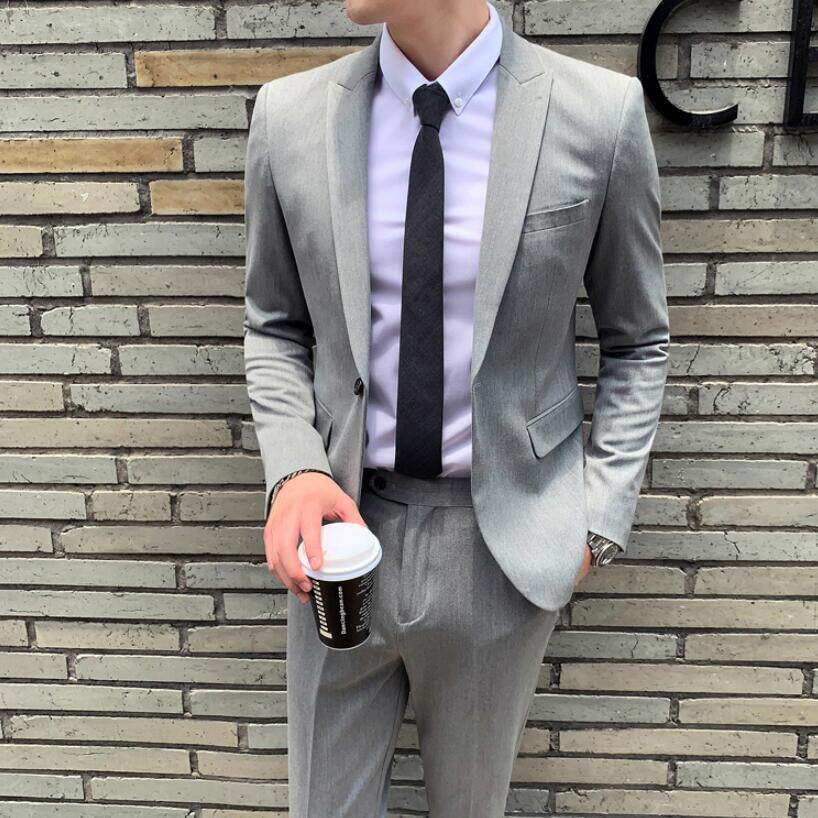 韩版修身浅灰色西装套装男潮休闲发型师小西装新郎结婚伴郎服正装