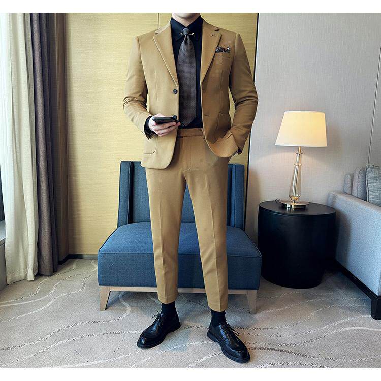 2024秋冬新款墨绿色韩版修身男西服针织斜纹商务伴郎西装套装男潮