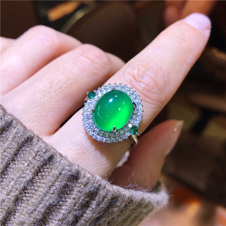 天然绿玉髓戒指高端冰种翡翠帝王阳绿玉髓豪华镶嵌活口戒指饰品女