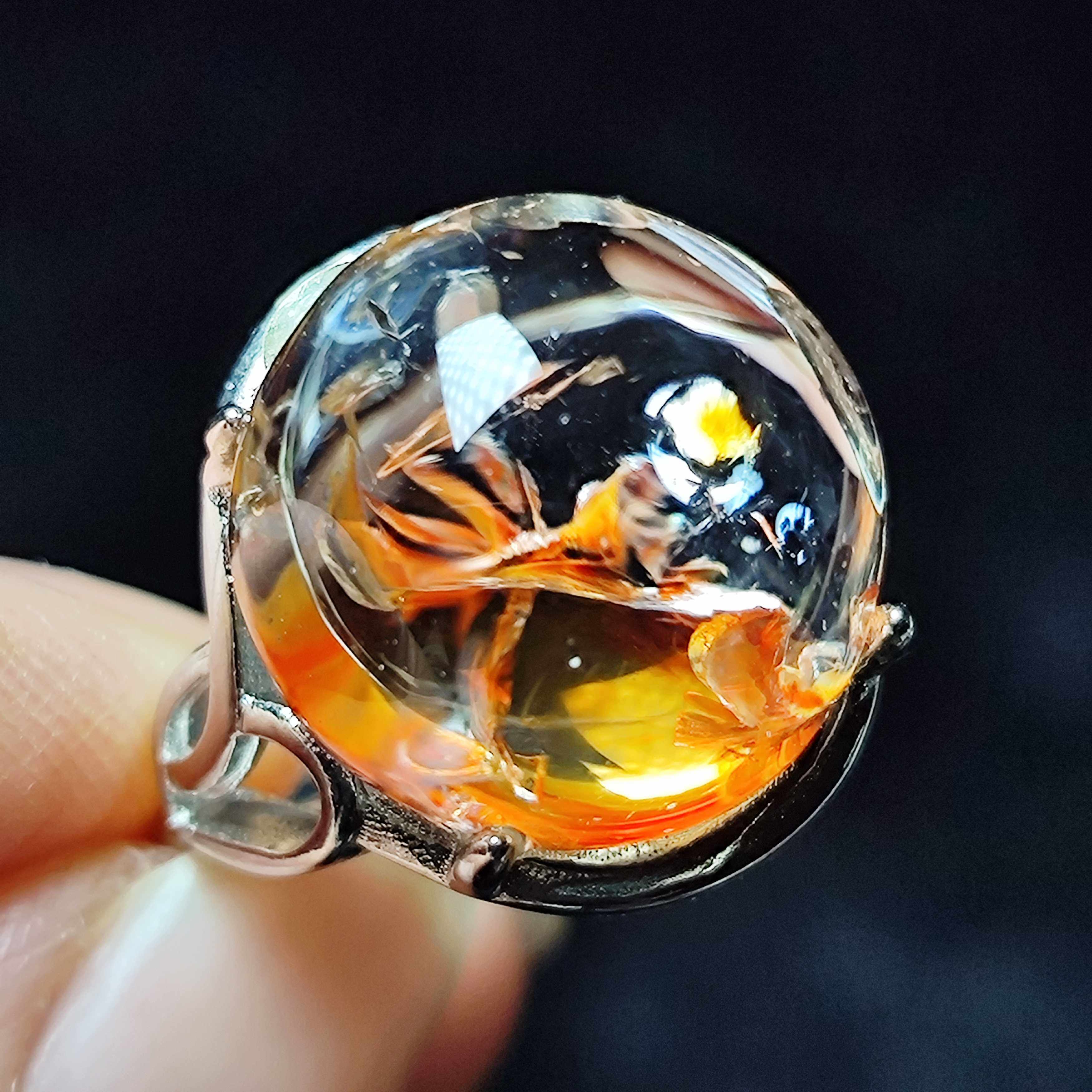 纯天然巴西超透锦鲤七彩虹胶花戒指纯净体黄胶花水晶戒指s925银