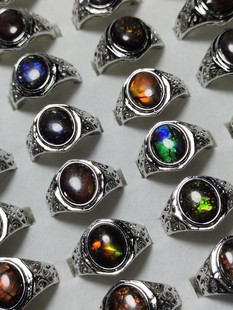 加拿大斑彩石戒指男款 天然斑彩石戒指 S925镶嵌活口戒圈可调 女